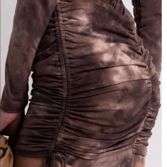 Long sleeve side ruched tie-dye dress Lined cotton - Picture 5 of 5